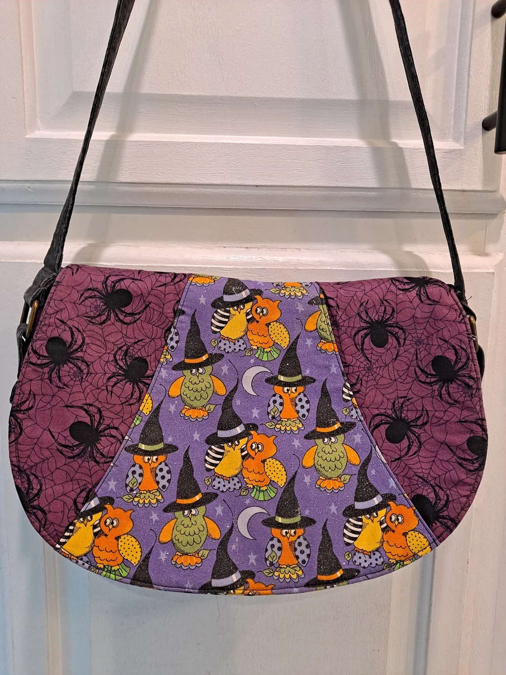 Artisan Purple Orange Owl Witch Spiders Webs Crossbody Bag Halloween